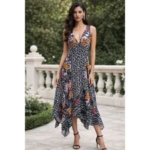Saloni Zuri Silk Midi Dress | Multi Print | Asymmetric Hem | US 10